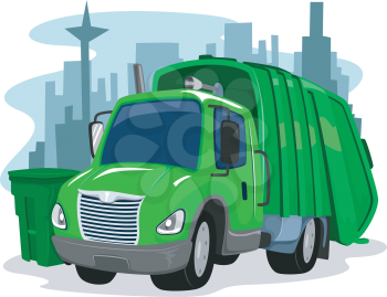 Illustration of a Green Garbage Truck Collecting Trash