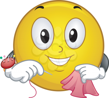 Mascot Illustration of a Smiley while sewing a scarf