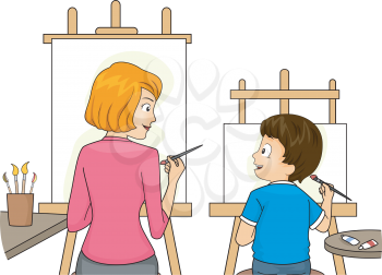 Illustration of a Mom Teaching Her Son to Paint