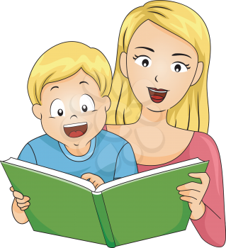 Illustration of a Happy Boy reading a book with his Mom