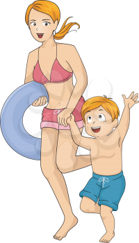 Illustration of a Boy wearing swim wear while taking a run with his Mom