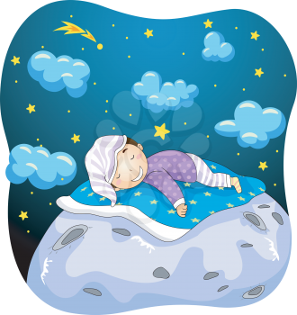 Illustration of a Kid Boy Dreaming While Sleeping on the Moon