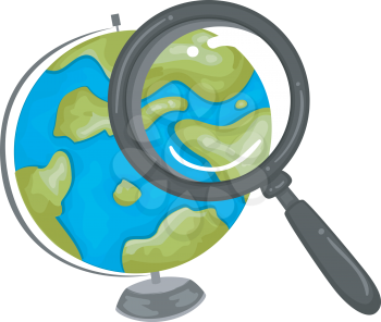 Illustration of a Magnifying Glass Searching a Location on the Globe