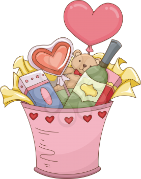Illustration Featuring a Valentine Gift Bucket Filled with Assorted Presents