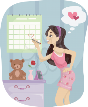 Illustration of a Happy Teenage Girl Marking Her Calendar