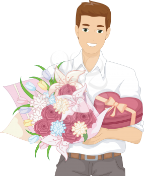 Illustration of a Man Carrying a Box of Chocolates and a Bouquet Flowers
