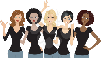 Illustration of a Culturally Diverse Group of Girls Wearing Black Shirts