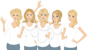 Illustration of a Set of Lovely Blonde Girls Wearing White Shirt