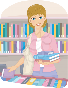 Illustration of a Girl Choosing Books at a Book Store