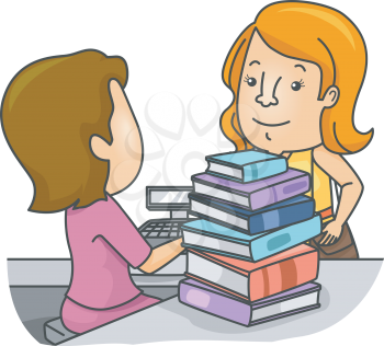 Illustration of a Girl Presenting the Books She Chose at the Counter