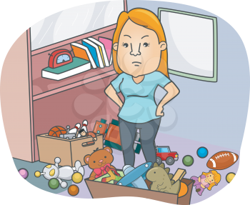 Illustration of a Girl Annoyed at the Toys Scattered Around Her