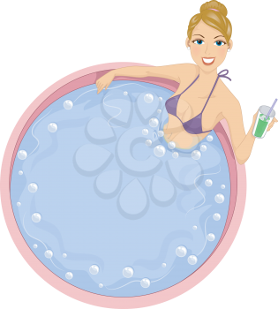 Illustration of a Girl Having a Drink While Relaxing in a Hot Tub