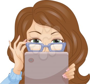 Illustration of a Girl in Glasses Taking a Peek from Behind Her Tablet