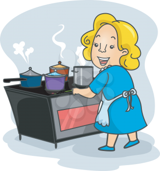 Illustration of a Mother Using an Induction Stove to Cook