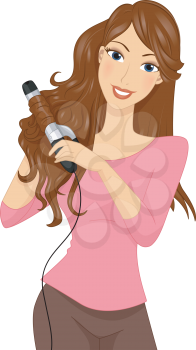 Illustration of a Girl Styling Her Hair with a Curling Iron