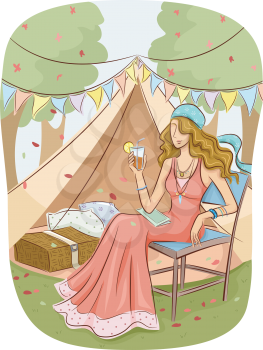 Illustration of a Girl in a Bohemian Dress Relaxing at a Glam Camp