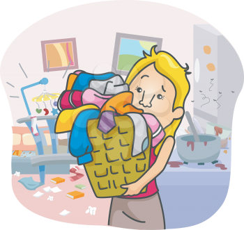 Illustration of an Overworked Girl Swamped with House Chores