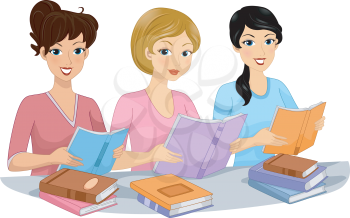 Illustration of the Female Members of a Book Club Reading Books Together