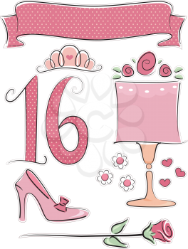 Illustration of Items Usually Associated with Sweet Sixteen Parties