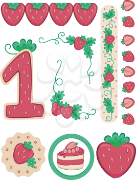 Illustration of a Strawberry Themed First Birthday Party Elements