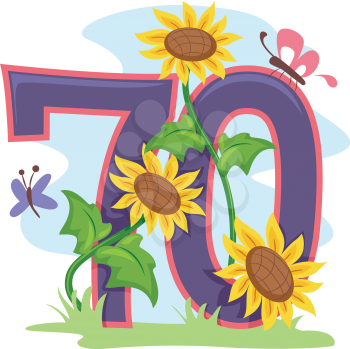 Illustration Featuring the Number 70 Decorated with Sunflowers