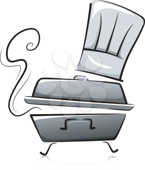 Black and White Illustration of a Chafing Dish with a Toque Above It