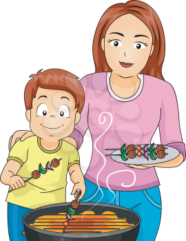 Illustration of a Mother and Son Grilling Barbecues