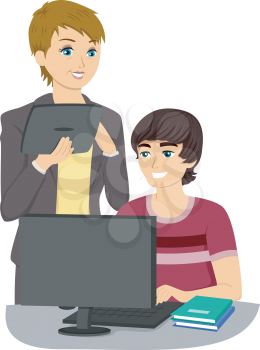 Illustration of a Teenage Boy Receiving Computer Lessons