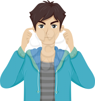 Illustration of a Teenage Boy Covering His Ears with His Fingers