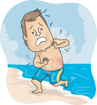 Illustration of a Man at the Beach Stung by a Jellyfish