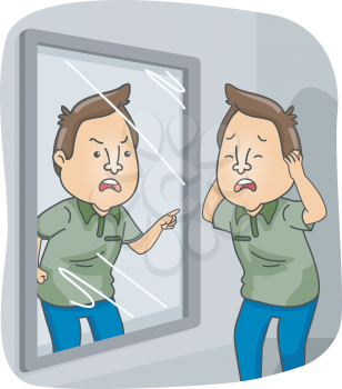Illustration of a Man with Dissociative Identity Disorder Standing in Front of a Mirror