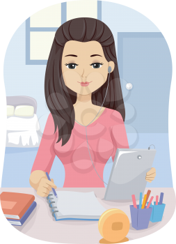 Illustration of a Teenage Girl Using a Tablet Computer to Help with Her Studying