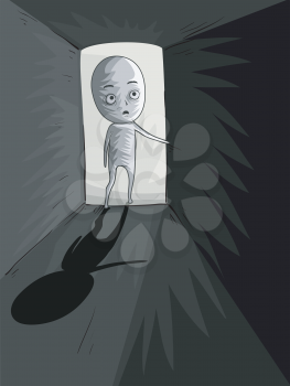 Illustration of a Man Entering a Dark and Mysterious Room