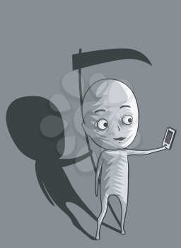 Illustration of a Man Taking a Selfie While His Shadow Holds a Scythe