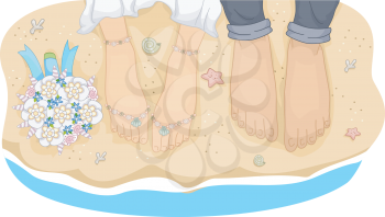 Illustration of a Newlywed Couple Standing by the Beach