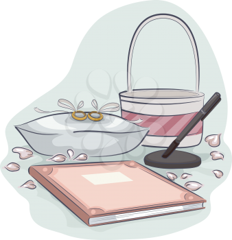 Illustration of a Pair of Rings Sitting Placed Beside a Bridal Registry Book