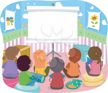 Stickman Illustration of Kids Sitting in Front of a Projector
