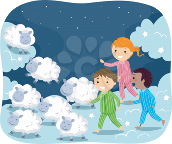 Stickman Illustration of Kids in Pajamas Chasing After Sheep