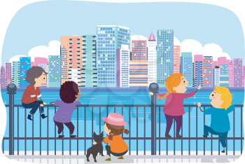 Stickman Illustration of Kids Admiring the Cityscape from the Fence