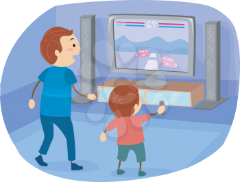 Stickman Illustration of a Father Playing a Video Game with His Son