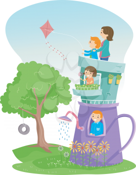 Stickman Illustration of a Family Living in a Teapot House