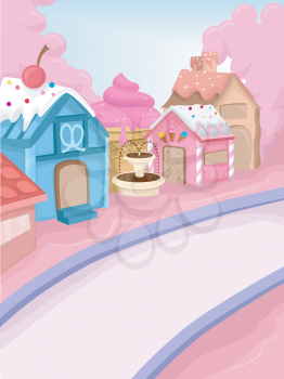 Whimsical Illustration Featuring a Town Decorated with Candies