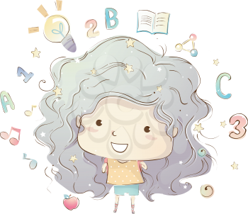 Illustration of a Cute Little Girl Surrounded by Education Related Elements
