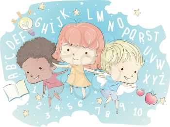 Whimsical Illustration of Kids Surrounded by Letters and Numbers