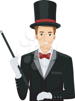 Illustration of a Man Dressed as a Magician Holding a Wand