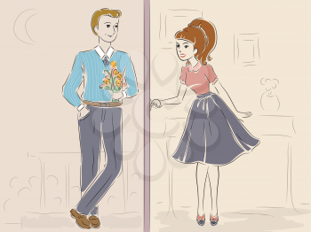 Vintage Style Illustration of a Teenage Couple Meeting by the Door