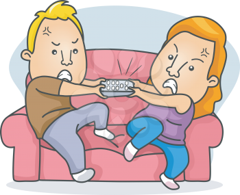 Illustration of a Married Couple Fighting Over the Remote Control