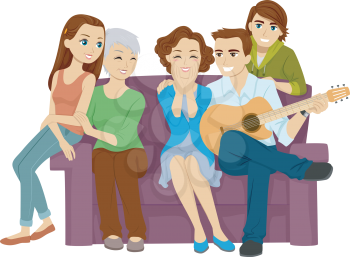 Illustration of a Husband Serenading His Wife in Front of the Whole Family