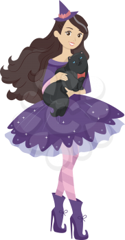 Illustration of a Teenage Girl Cuddling a Black Cat