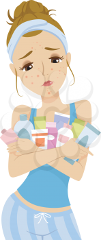 Illustration of a Teenage Girl with an Acne Breakout Cradling Acne Products